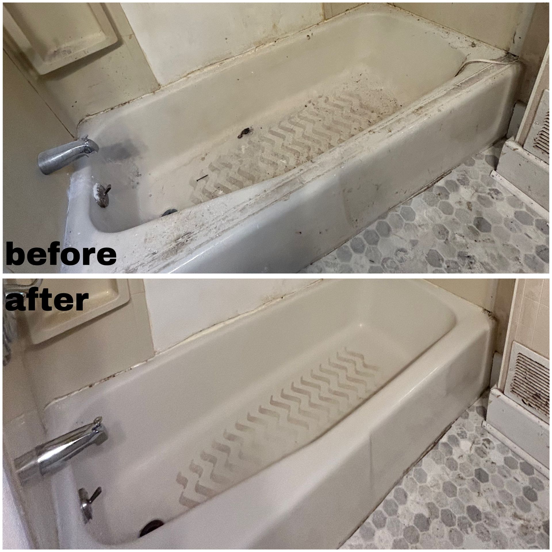 Before-and-after photos of a bathtub being cleaned, showing the removal of grime and dark stains from the basin.