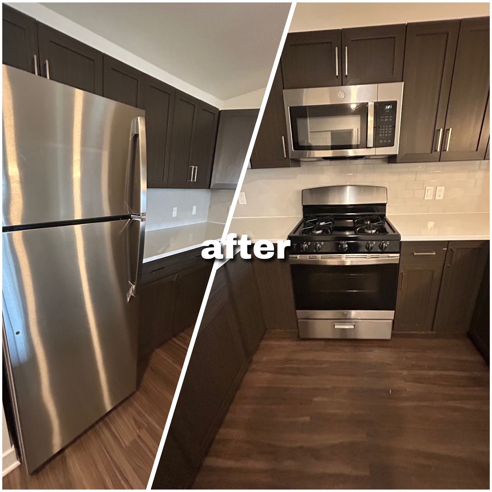 A split-screen view of a modern kitchen with dark cabinetry, stainless steel appliances, and wood-look flooring.
