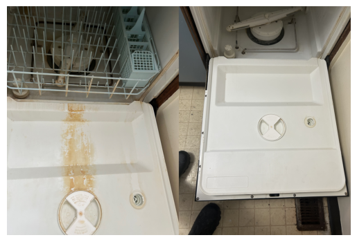 Before and after view of a dishwasher door interior showing the removal of orange rust-like stains from the plastic.