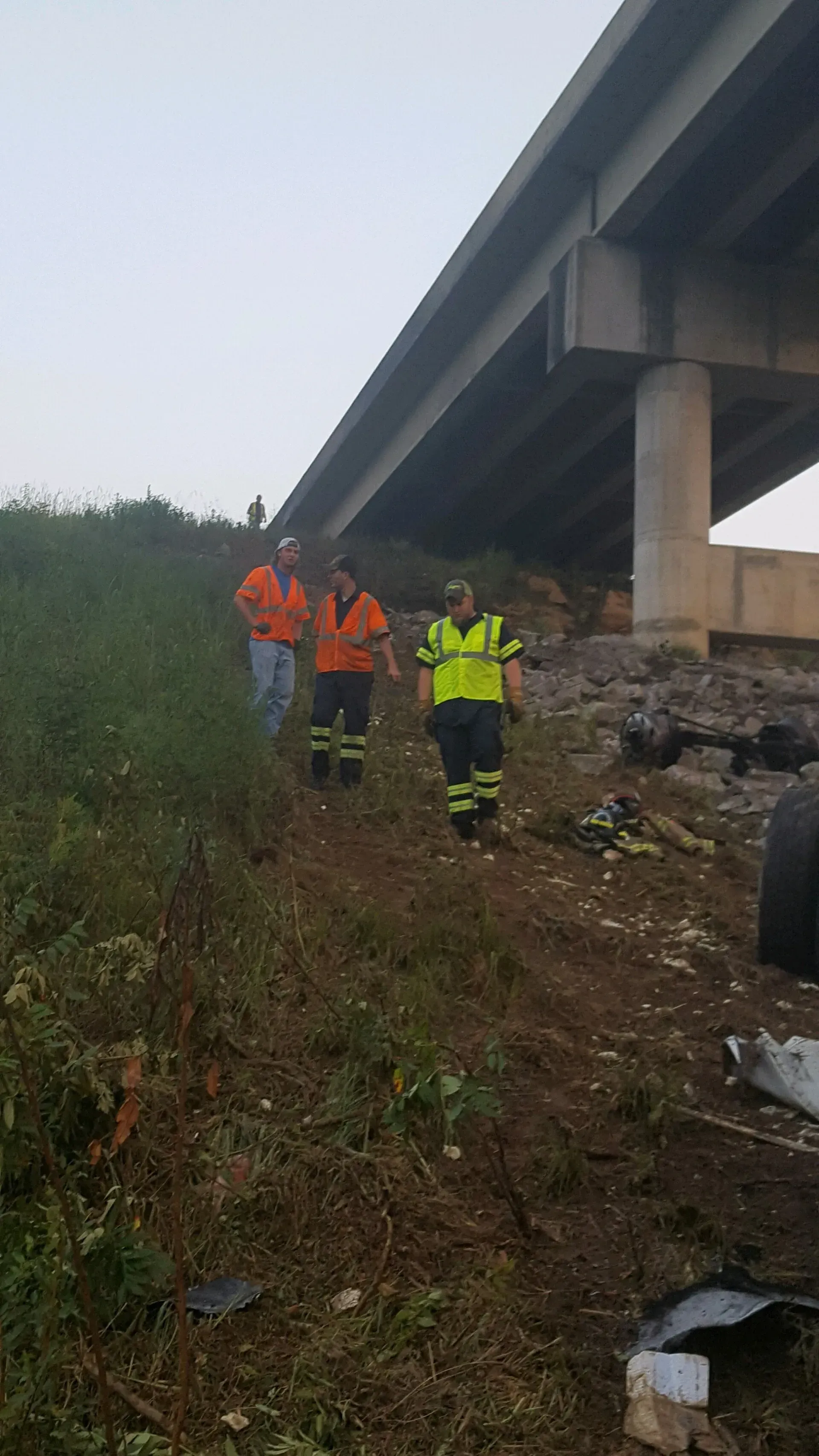 A group of people are standing under a bridge in a field.