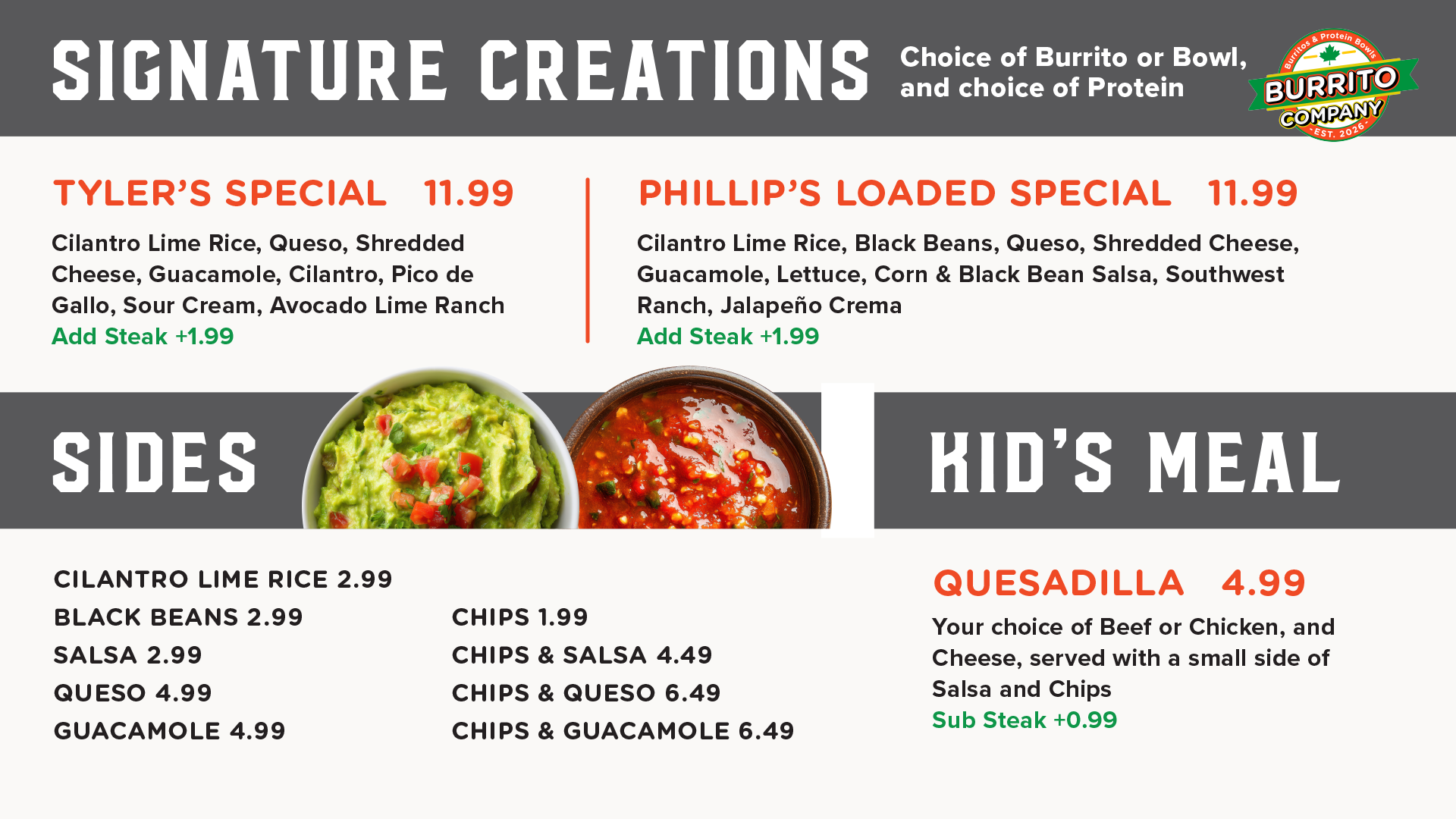 Restaurant menu board with signature creations, sides, and kid’s meal sections on a white background. Restaurant menu board with signature creations, sides, and kid’s meal sections on a white background.