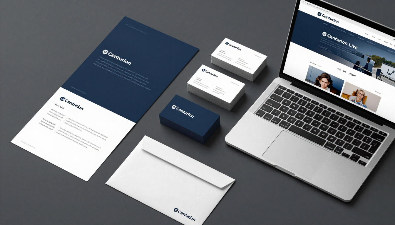 Brand stationery mockup with navy and white business cards, envelopes, and a laptop on a gray desk