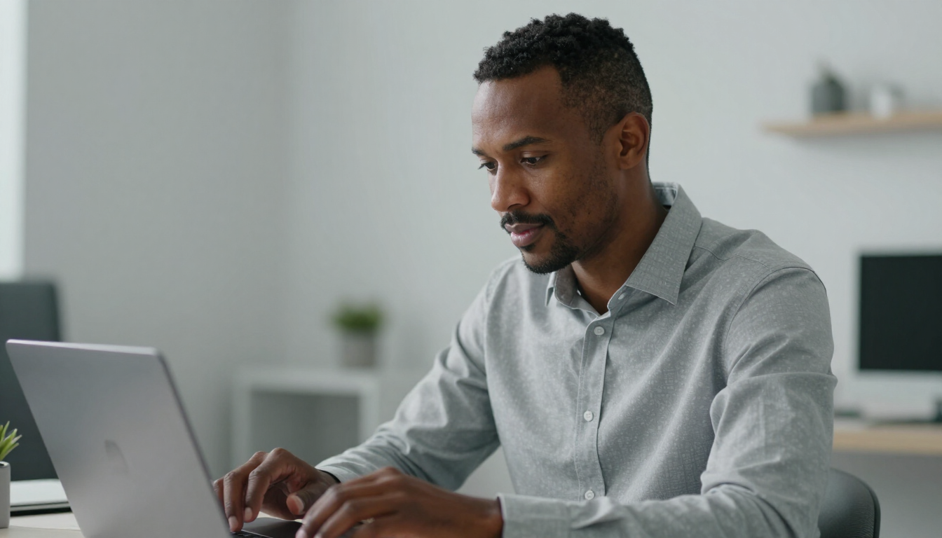 Man typing on a laptop at a desk in a bright home office, wearing a gray shirt.