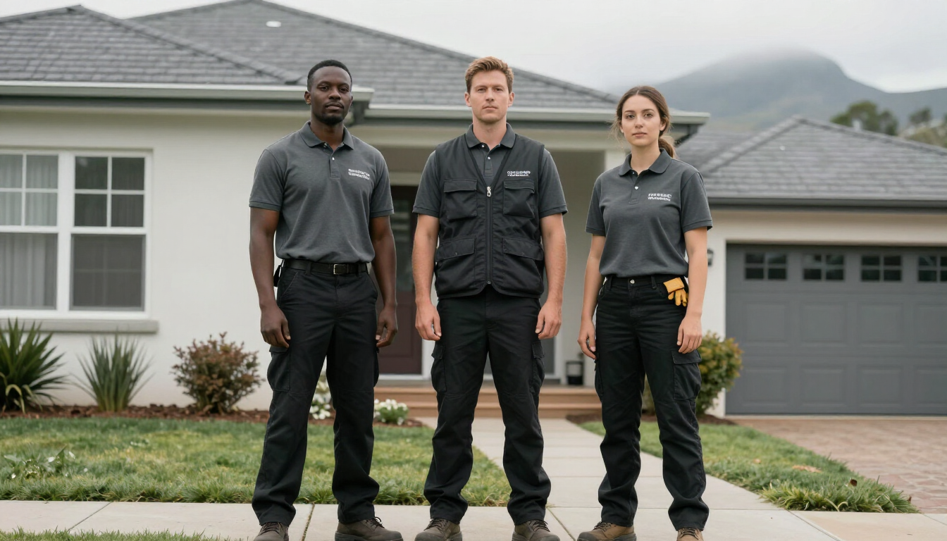 Three uniformed people standing in front of a suburban house and garage.