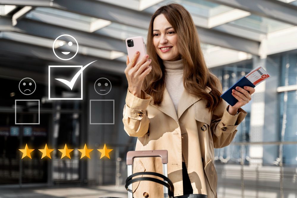 Traveler holding phone and passport at airport, with floating ratings and checklist icons nearby