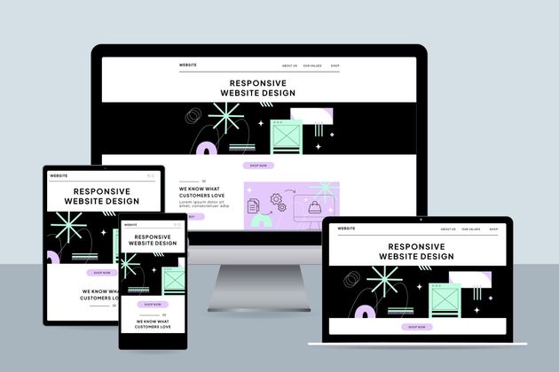 Responsive website mockup displayed on desktop, laptop, tablet, and phone screens