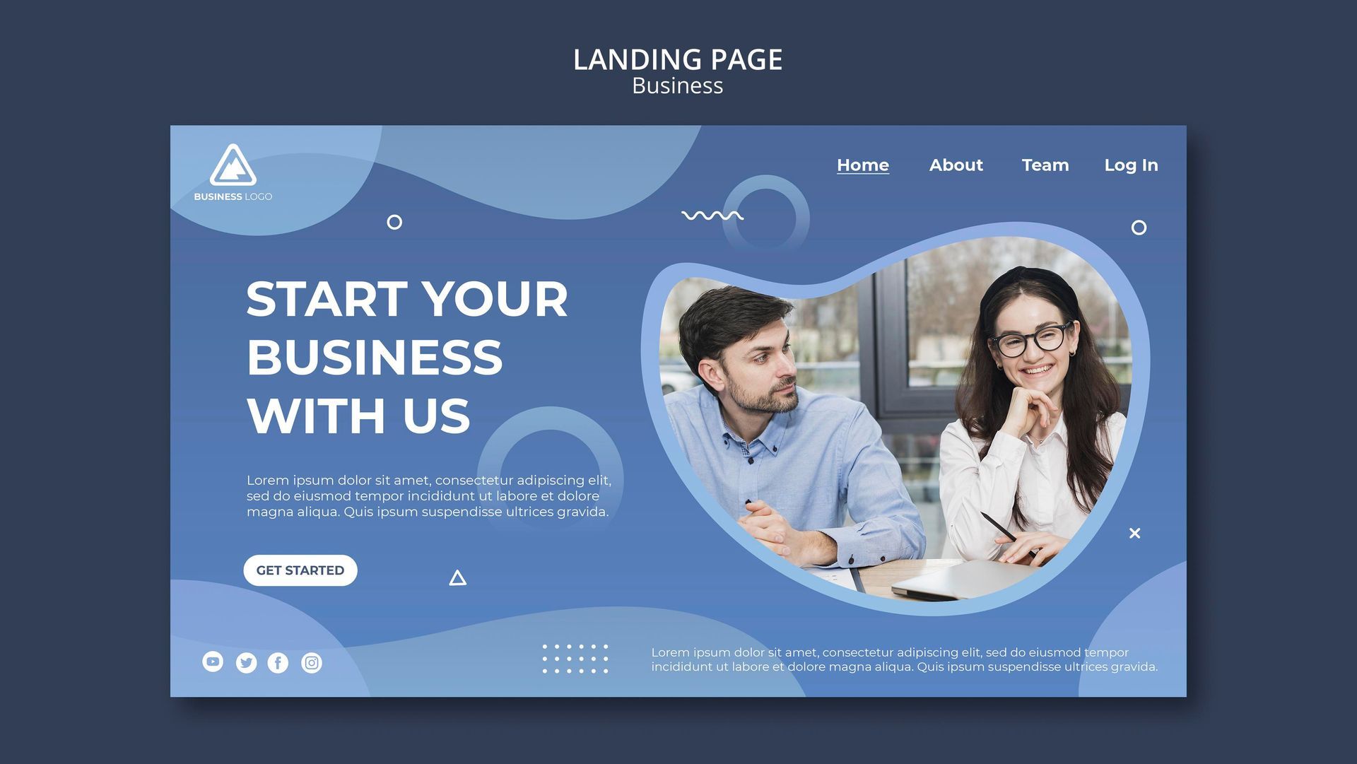 Business landing page with blue layout, white headline, and two professionals in a circular photo.