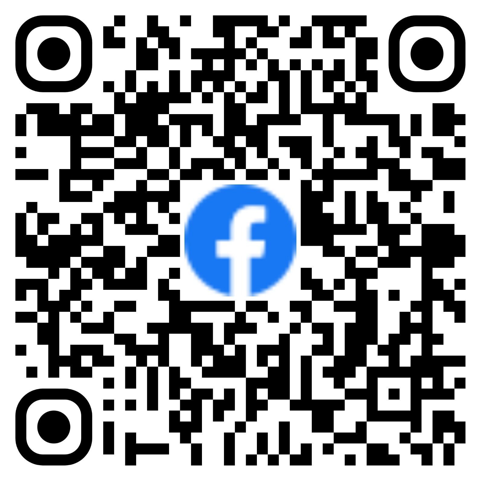QR code with a blue Facebook logo in the center on a white background