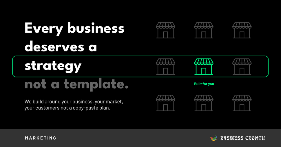 Dark marketing slide: “Every business deserves a strategy, not a template,” with green highlighted icon variants.