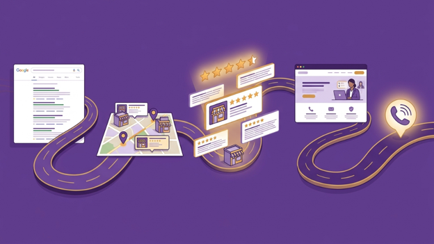 Purple-themed illustration of a connected workflow with floating interface cards, chat bubbles, and a video call screen