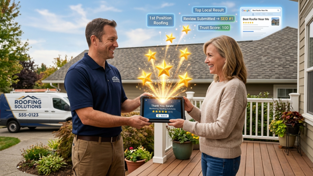 Smiling homeowners receive a glowing award on a sunny porch with service badges above and a roofing van nearby