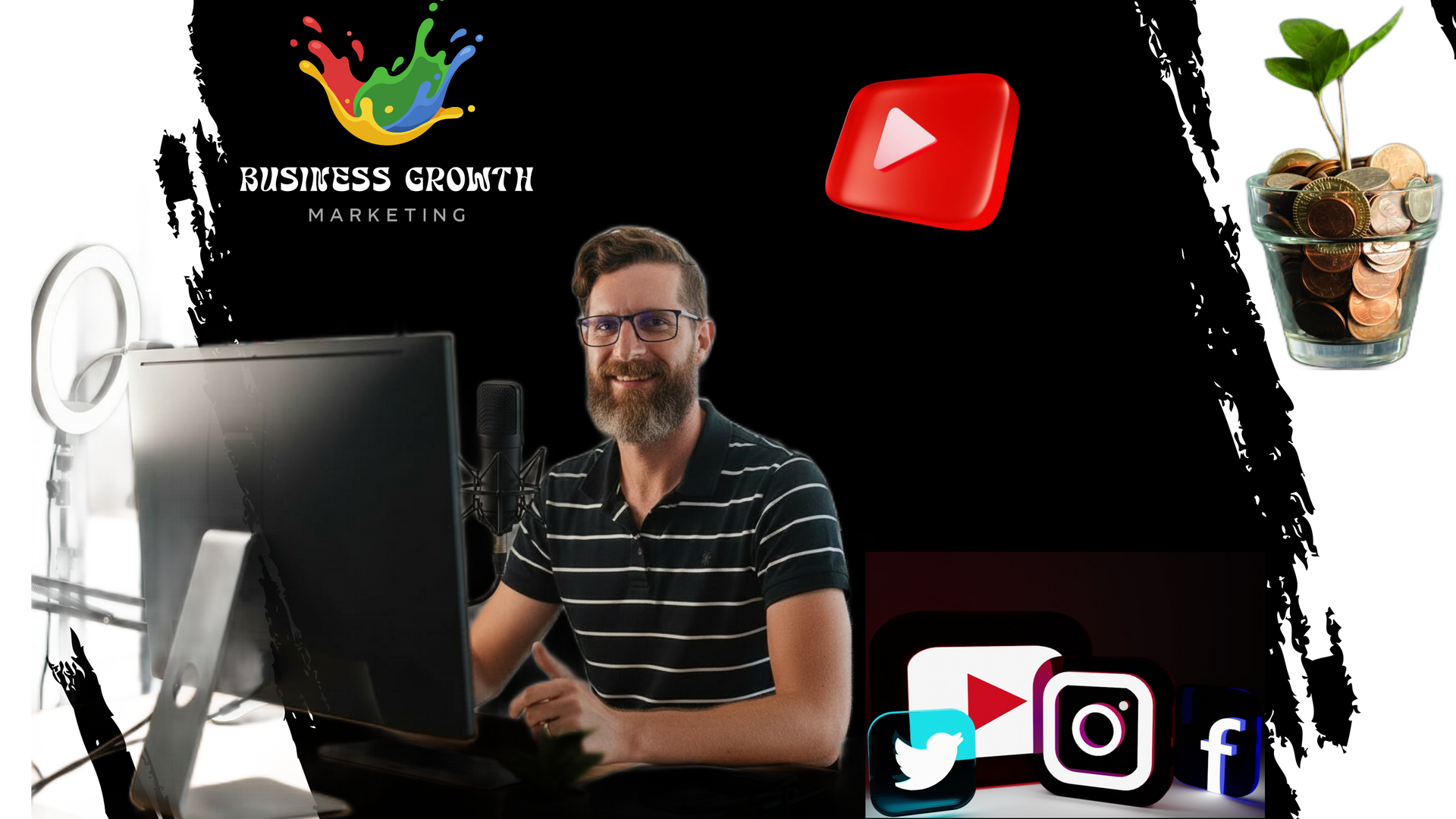 Business Growth graphic with man at computer, YouTube, social media icons, and plant in a collage layout