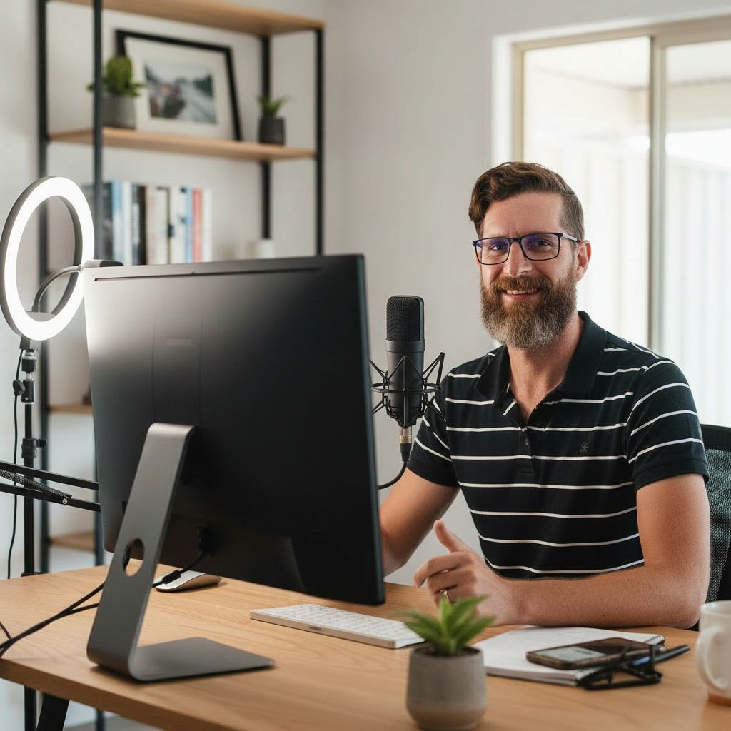Man at a desk recording a podcast, with a monitor, microphone, and ring light in a bright home office