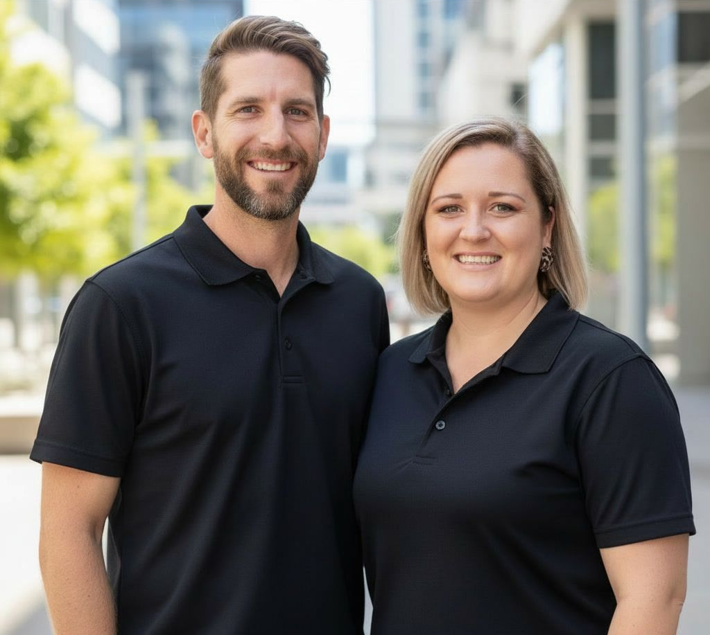 Two people in black polo shirts standing outdoors in a bright urban setting, smiling at the camera