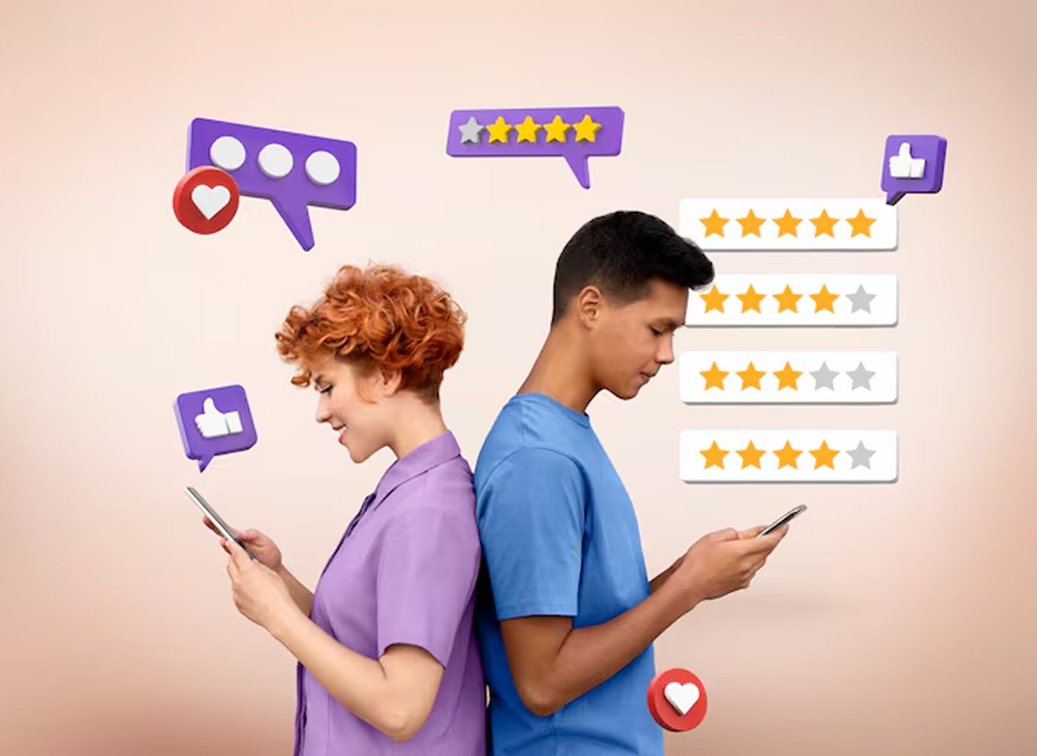 Two people back-to-back using phones, surrounded by chat and star rating icons on a pale background