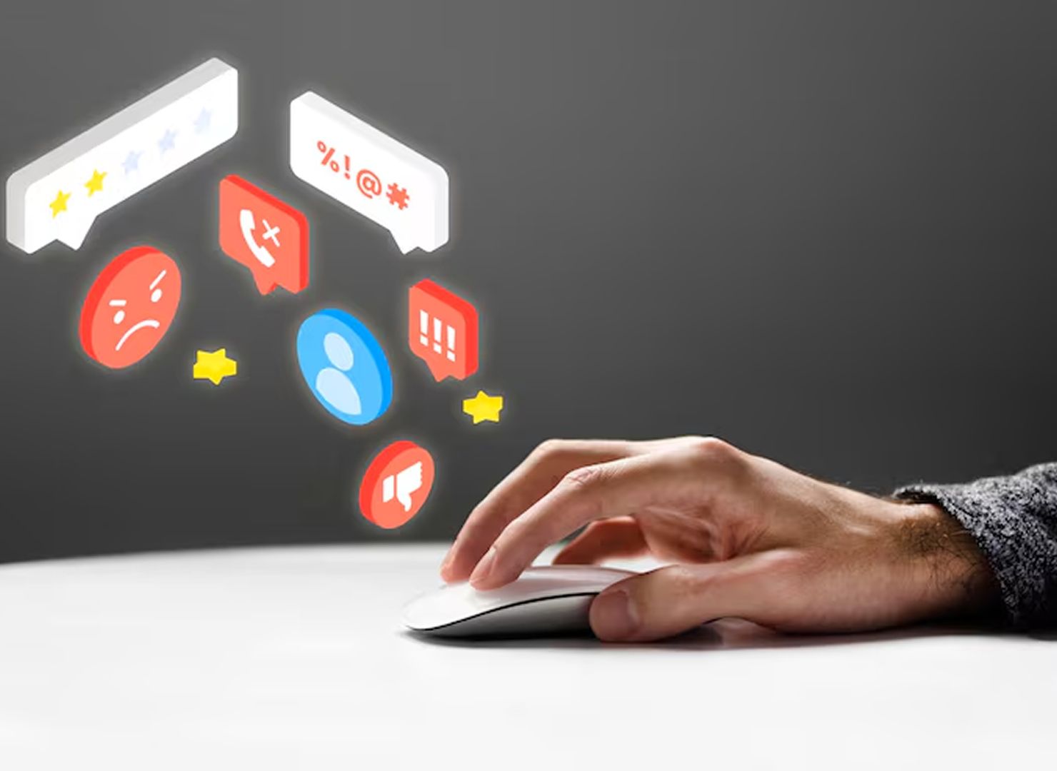 Hand on a white mouse with floating social media notification icons on a dark background