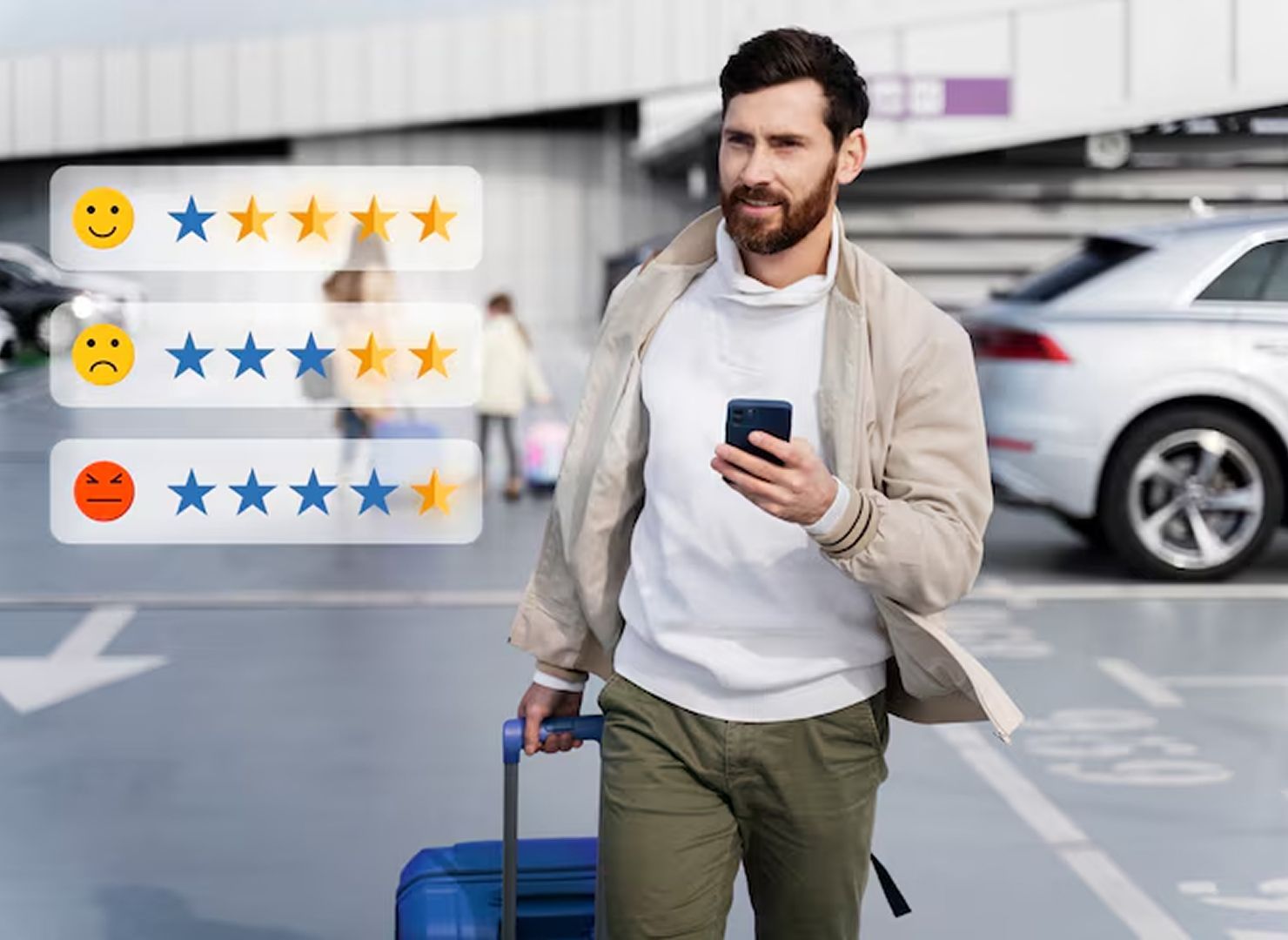 Traveler checking phone while pulling blue suitcase in airport parking lot; rating icons overlay in background