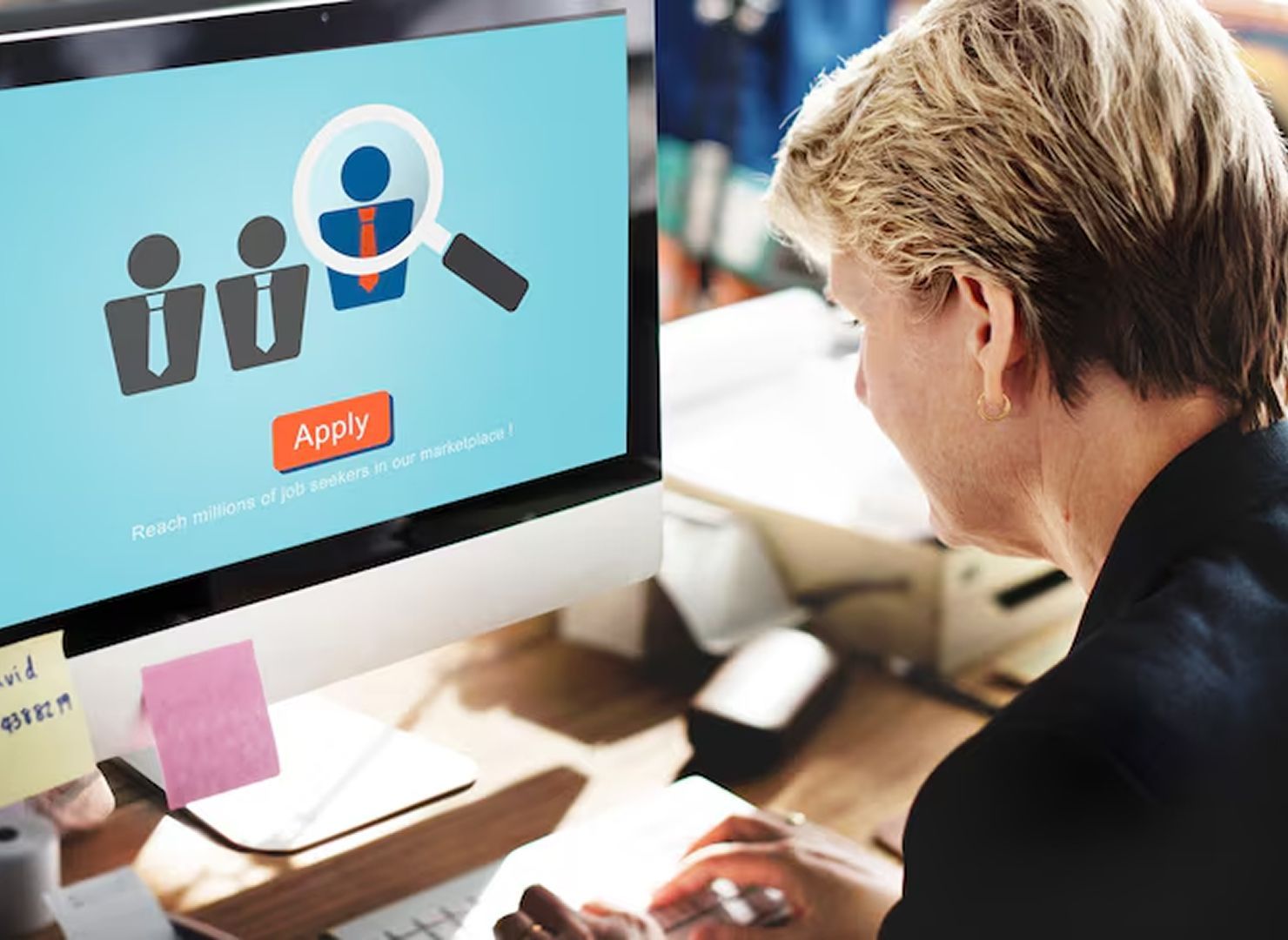 Person using a computer to browse a job search page with an “Apply” button