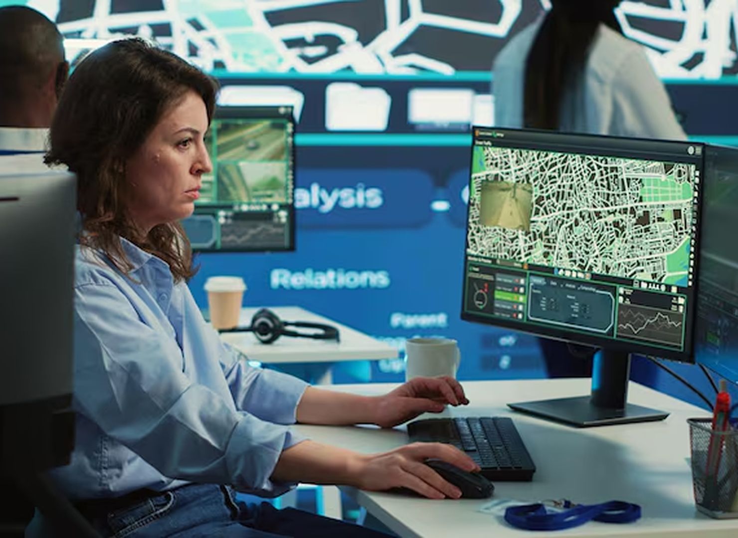 Woman analyzing maps on dual monitors in a control room, seated at a desk with a keyboard and mouse.