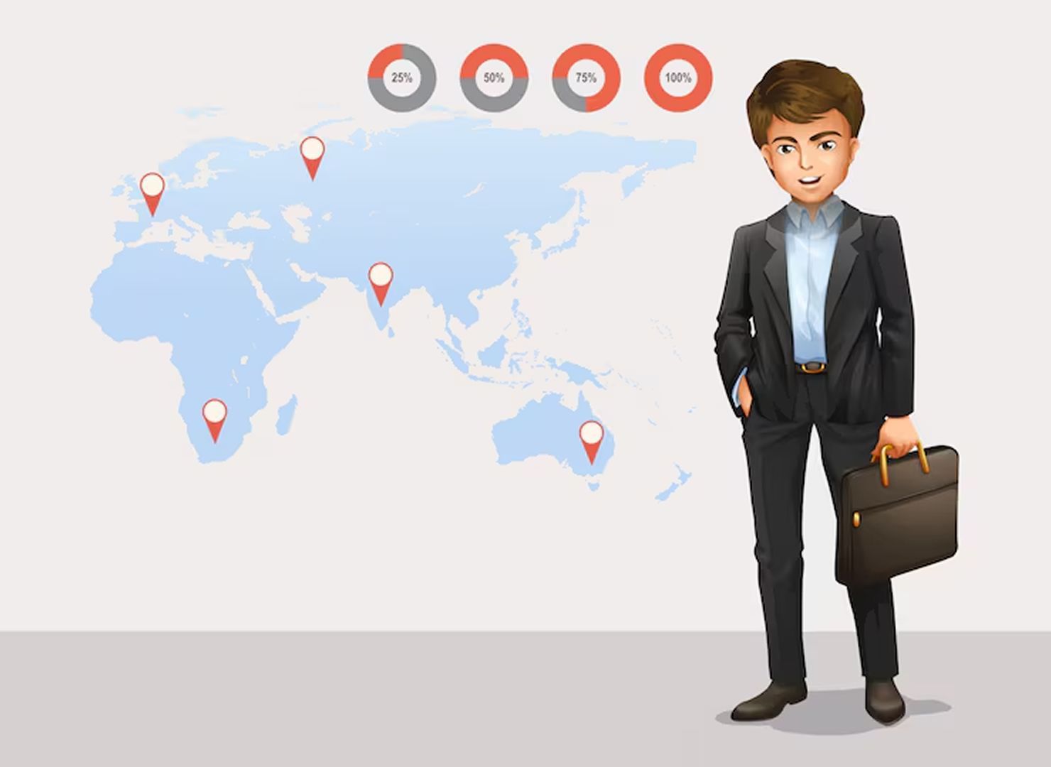 Businessman standing with briefcase beside a world map and location pins