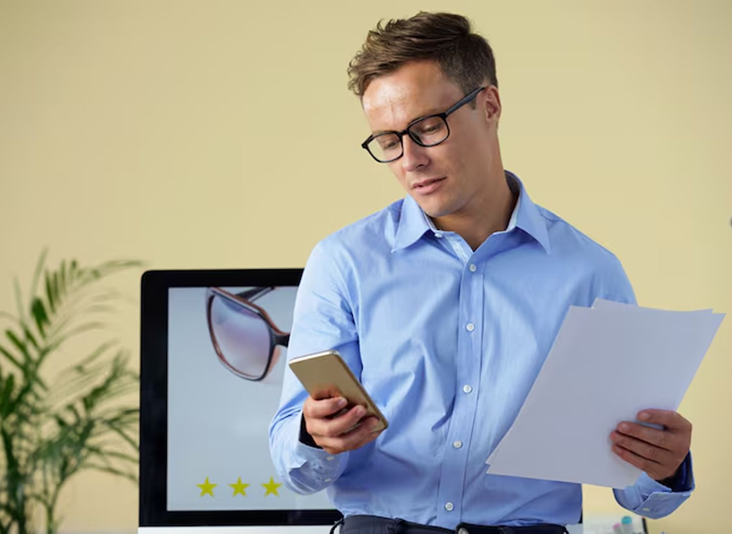 Man in blue shirt reading papers and checking phone beside a monitor with glasses on screen
