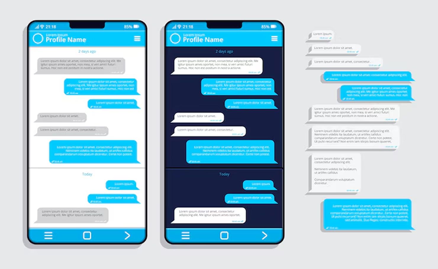 Three smartphone chat screenshots in light and dark themes with blue and gray message bubbles.