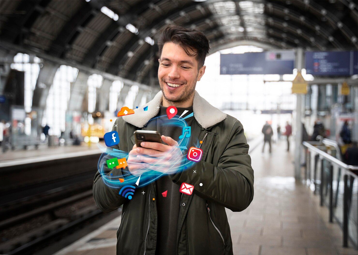 Smiling man at a train station uses a smartphone with colorful app icons floating around him