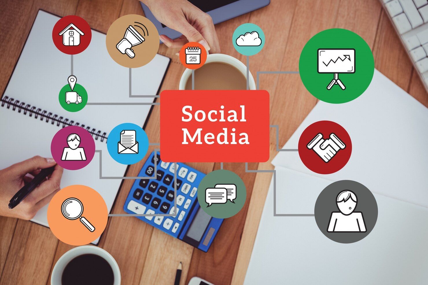 Social media concept over laptop on desk, with colorful connected icons and “Social Media” text