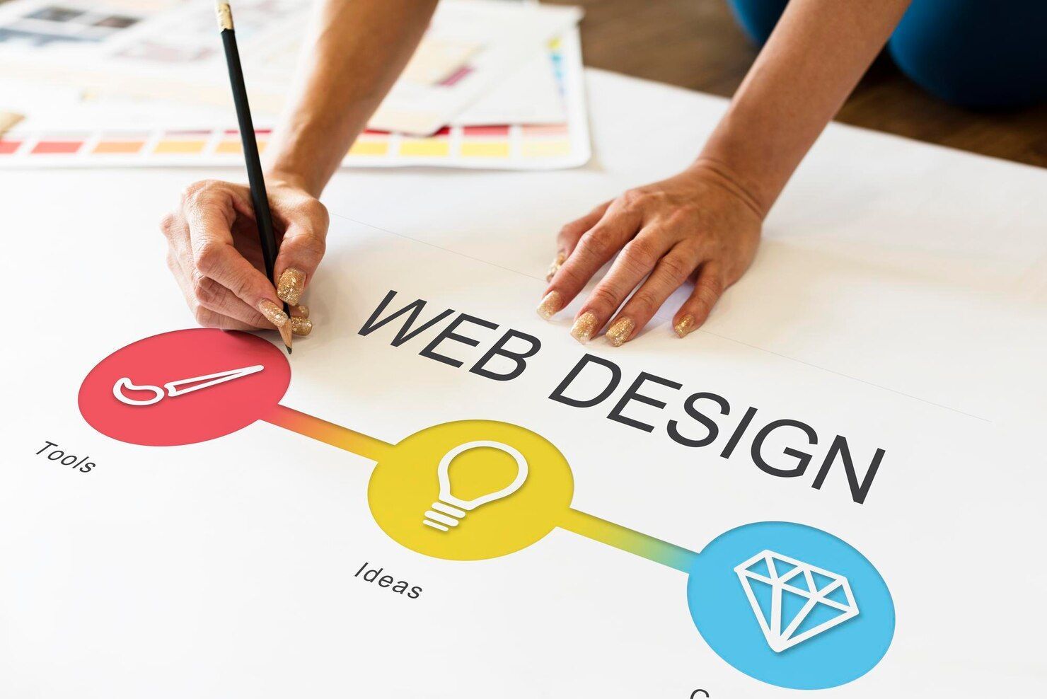 Hands sketching a web design diagram on paper with colorful icons and “WEB DESIGN” text