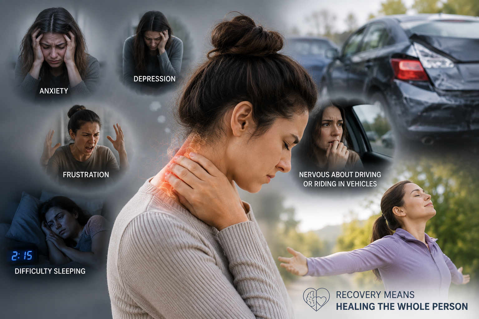 Infographic showing how whiplash affects mental health, sleep, and confidence after a car accident.