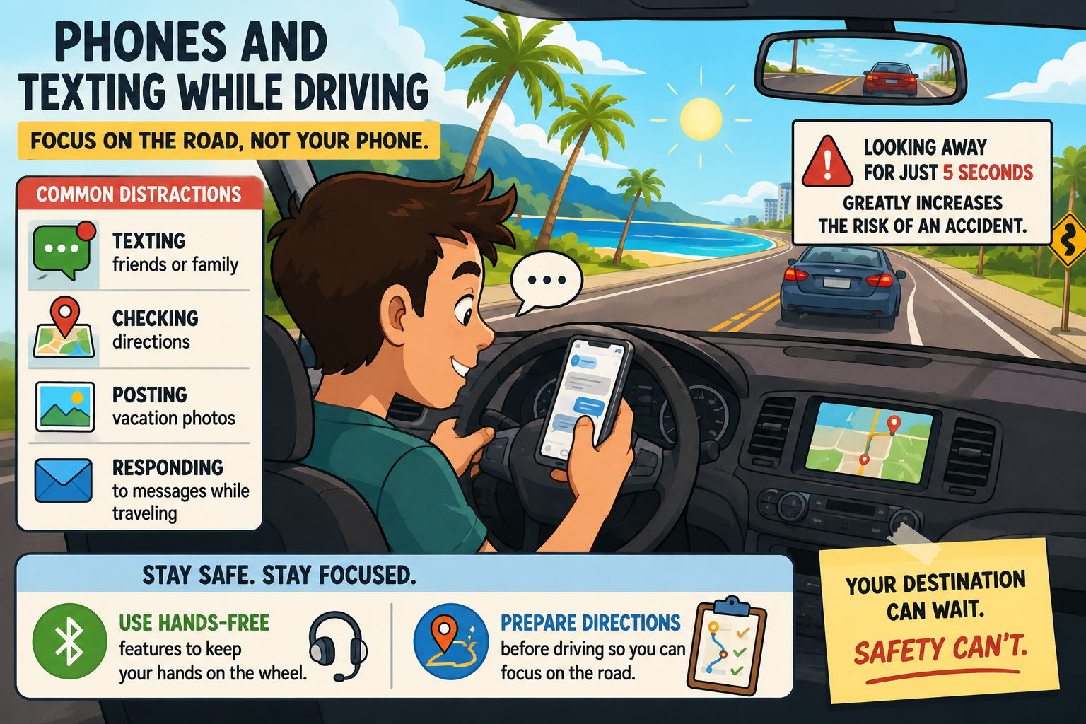 Cartoon infographic showing dangers of texting while driving, distracted driving risks, and hands-free driving safety tips