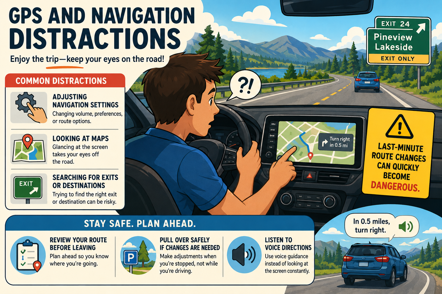 Illustrated driving safety infographic about GPS distractions, route planning, and safe navigation during road trips