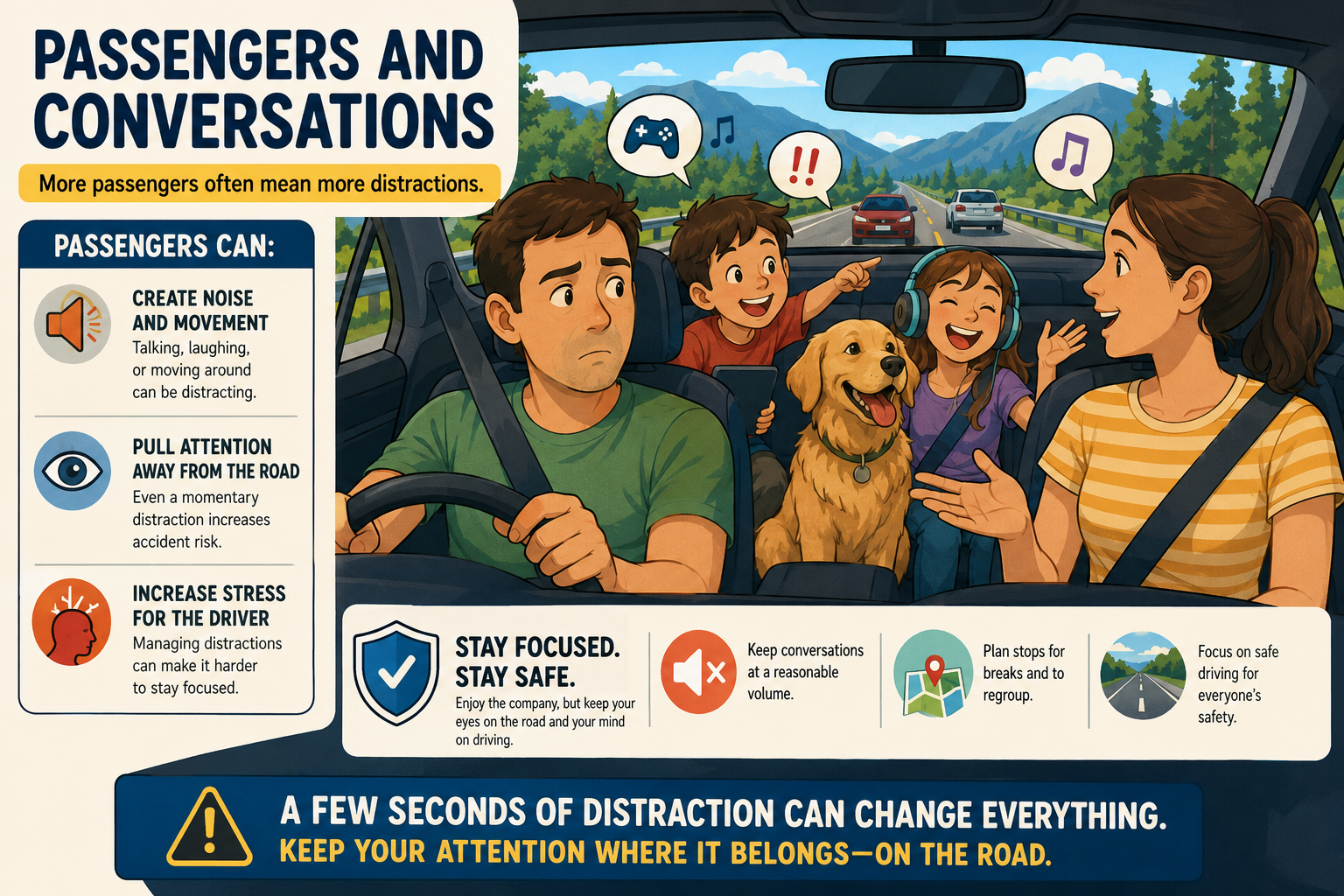 Cartoon car safety infographic showing how passengers, children, pets, and conversations can distract drivers