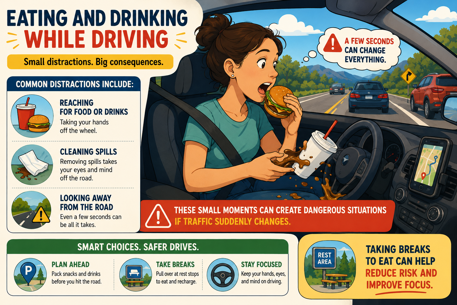 Colorful infographic about eating and drinking while driving and how food distractions increase accident risk