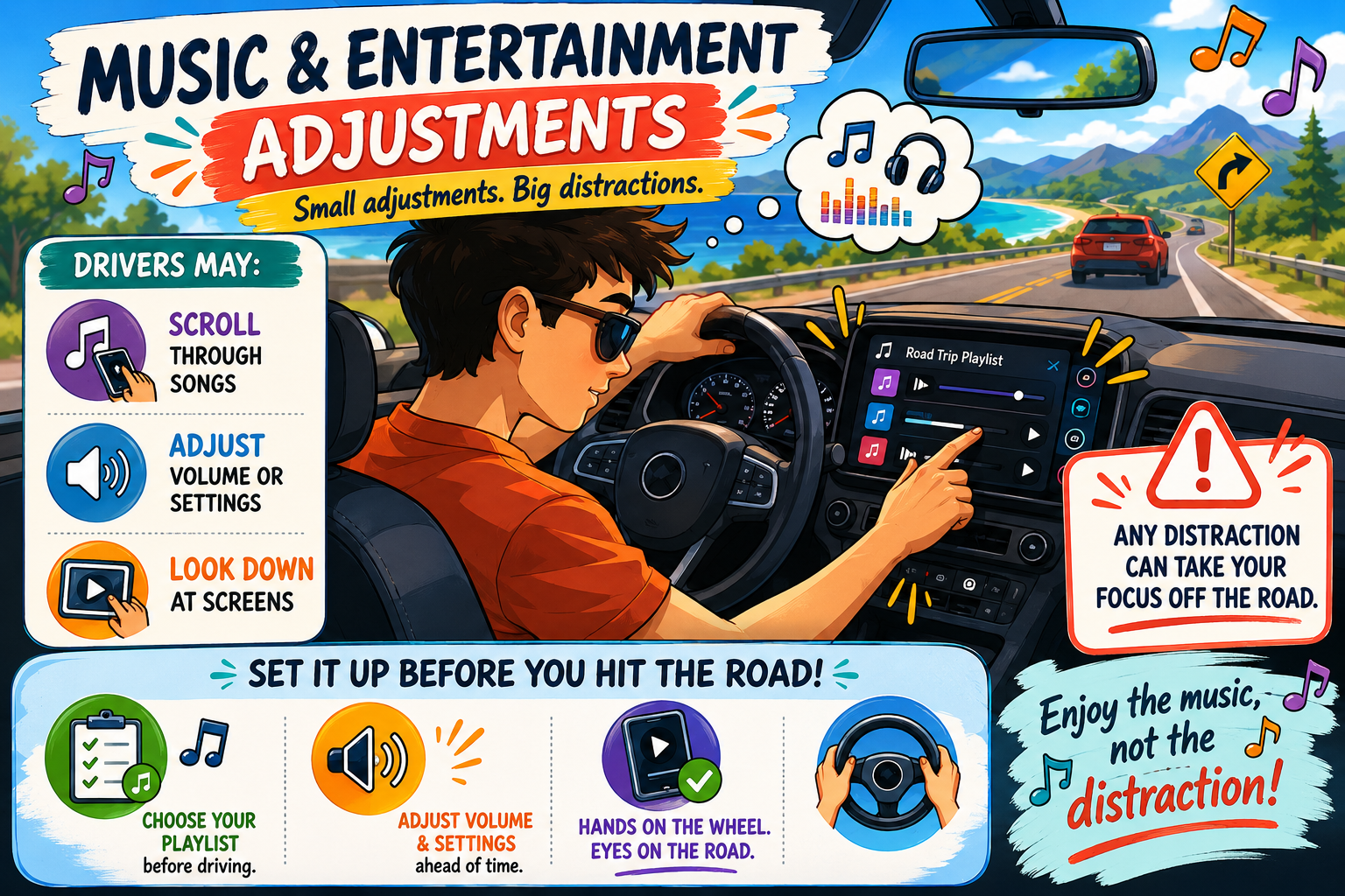 Driving safety infographic showing dangers of adjusting music, playlists, and entertainment systems while driving