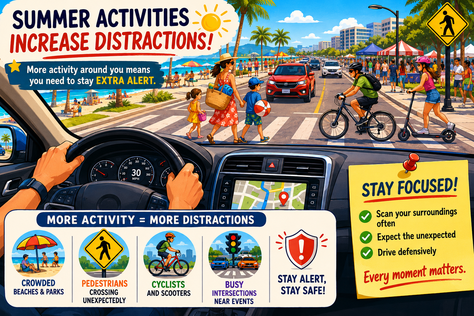 Summer driving safety infographic featuring pedestrians, cyclists, scooters, and crowded beach traffic distractions