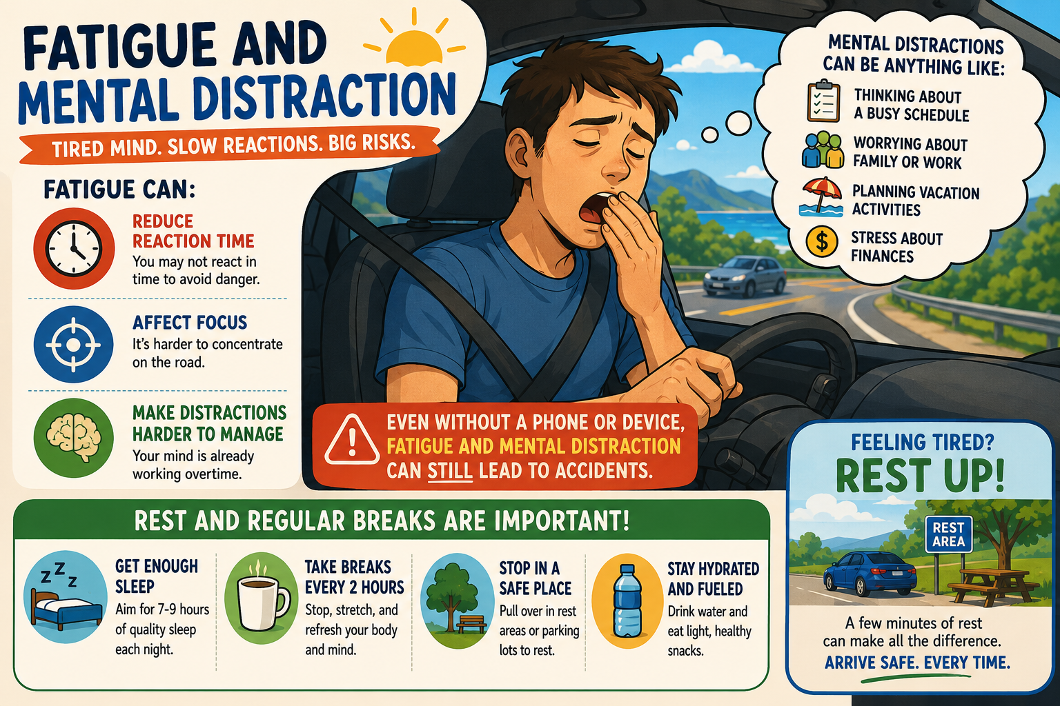 Cartoon infographic about fatigued driving, mental distraction, reduced reaction time, and importance of rest breaks
