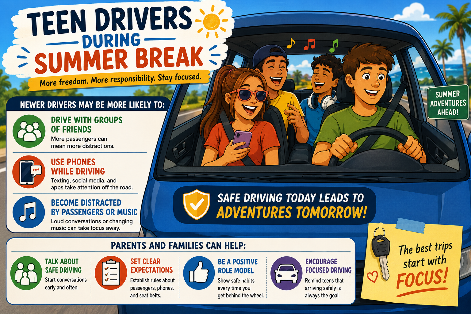 Teen driving safety infographic about distracted driving risks during summer break and safe driving habits for teens
