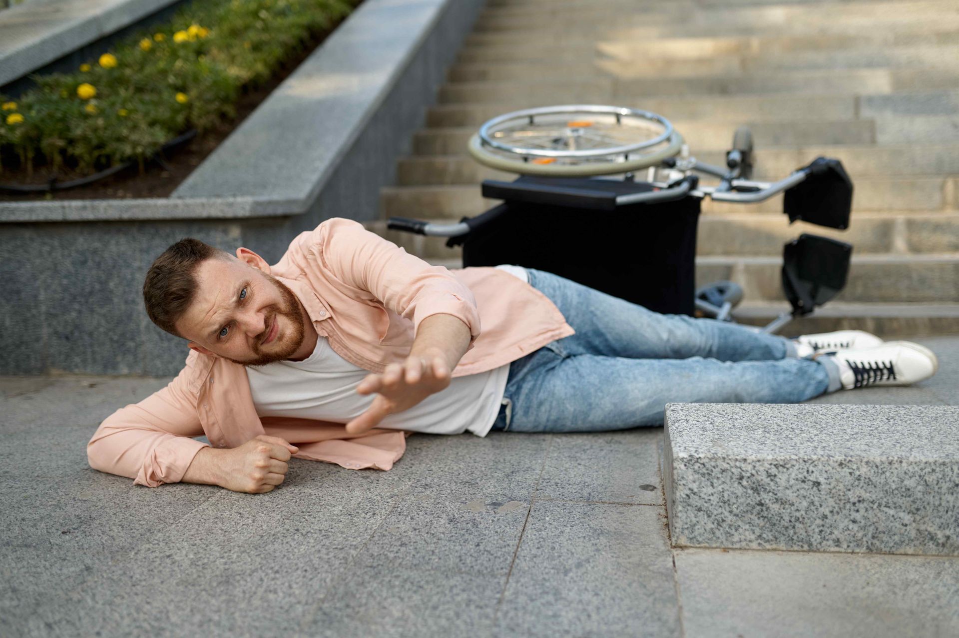 A person in a wheelchair who has fallen over due to the premises not being safe.  Clicking this picture takes you to Premises Liability.