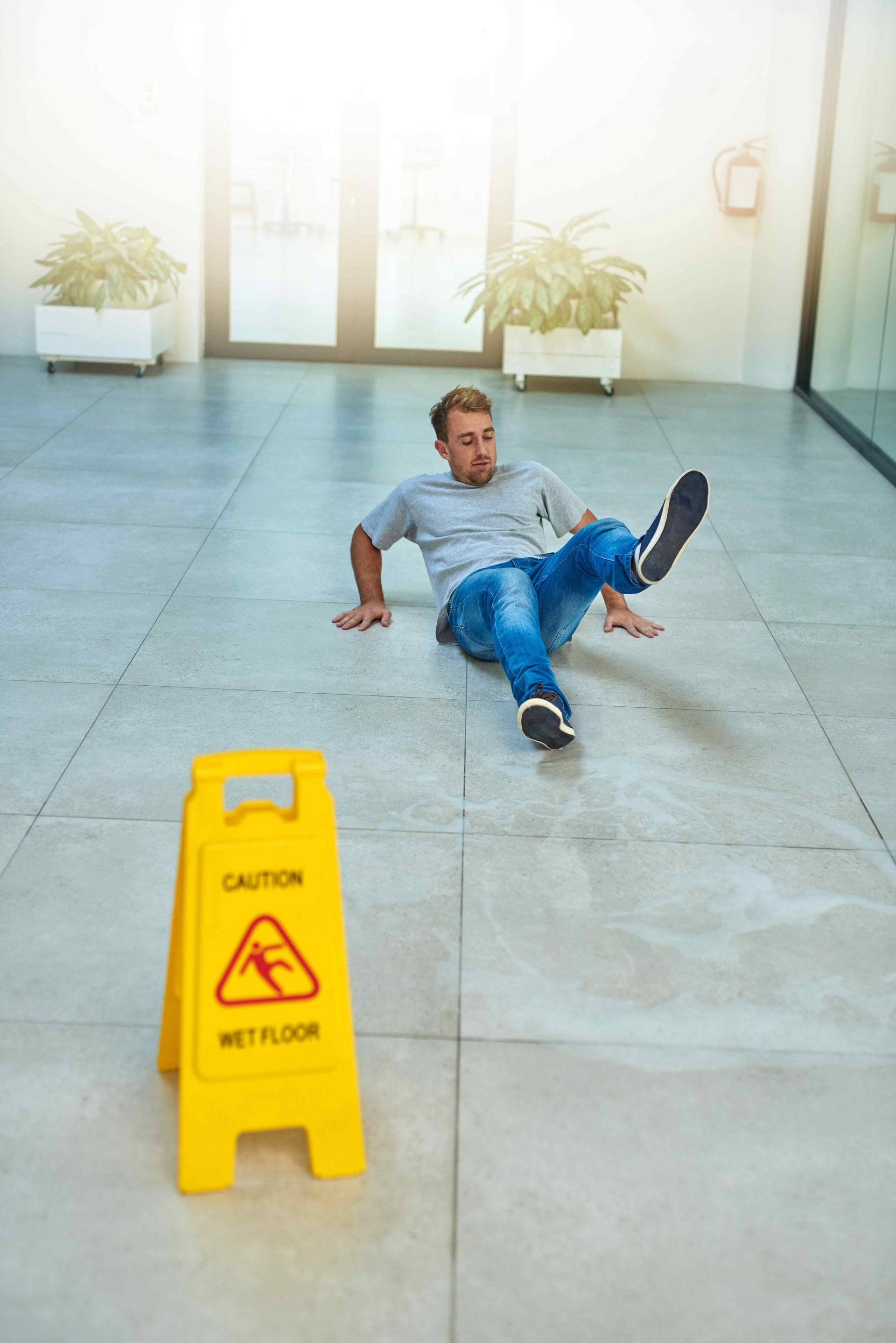 a man on his butt in a lobby after having fallen due to wet surfaces while there is a wet surface sign off to the side. Clicking this picture takes you to Slip and Fall Accidents. 