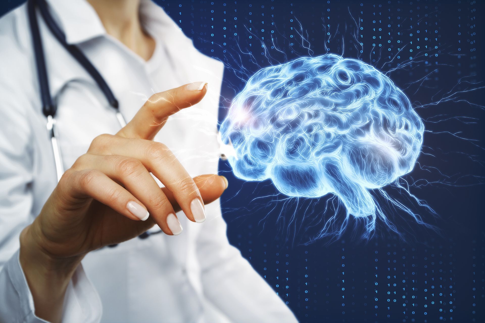 Medical professional interacting with a digital brain illustration, representing brain health, cognitive function, and neurological effects of traumatic injuries.