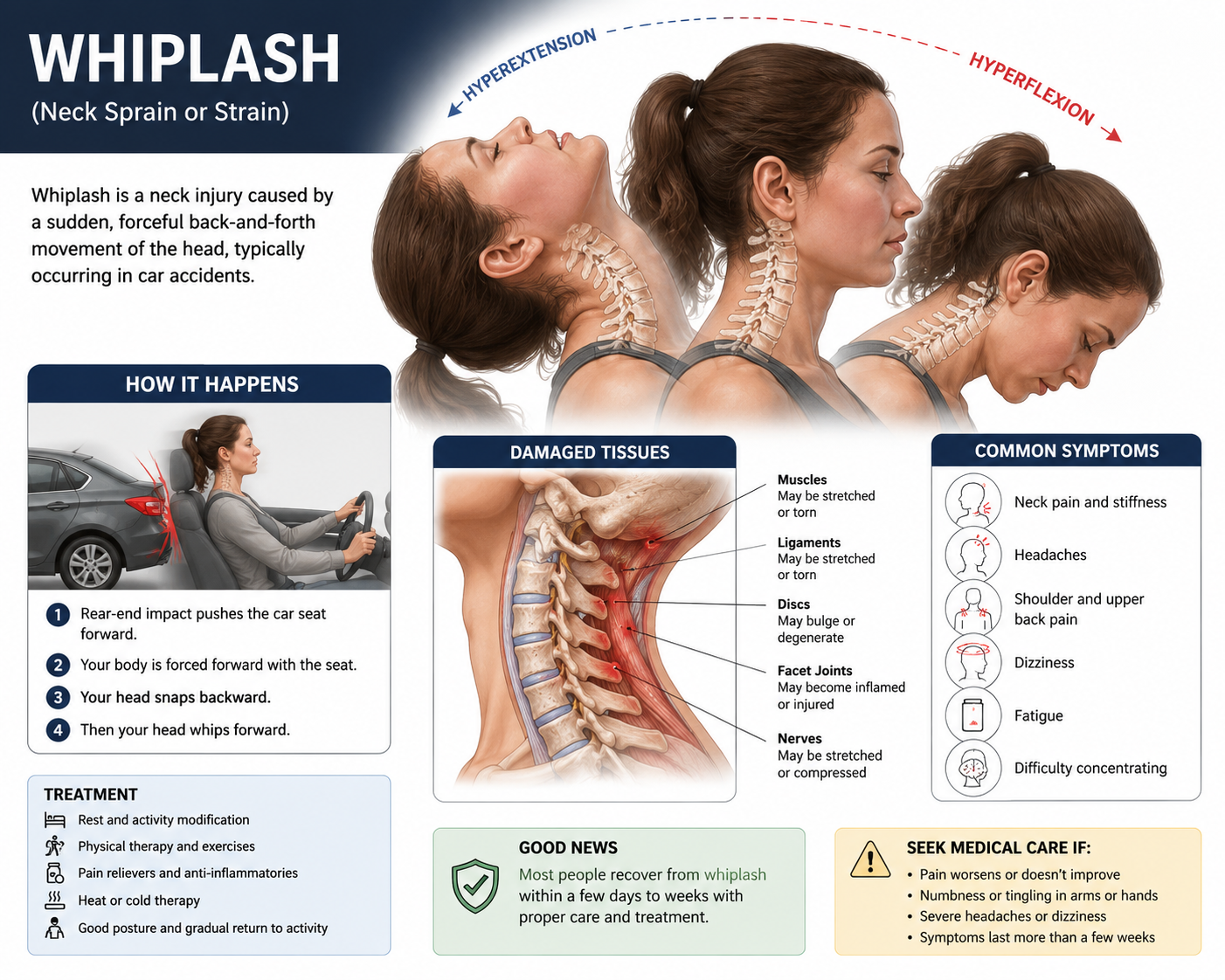 Infographic explaining whiplash, common symptoms, treatment, and recovery after a car accident.