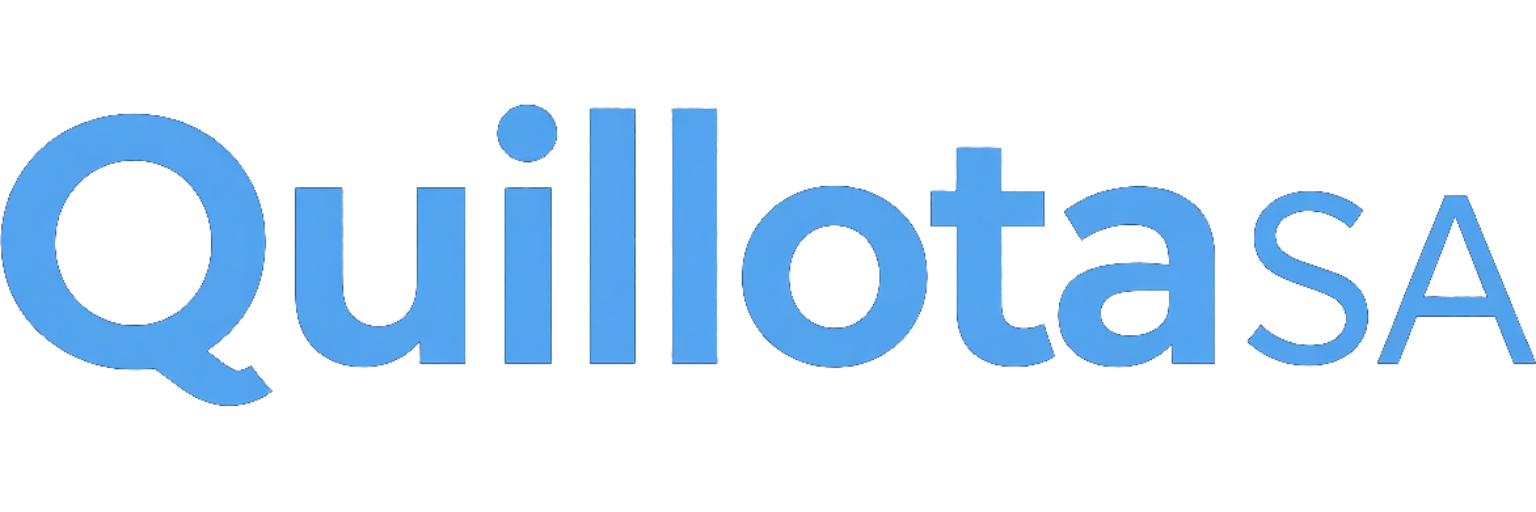 Logotipo de Quillota SA con texto azul claro y azul oscuro sobre fondo blanco