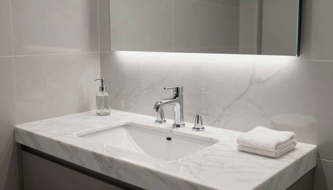 Lavabo moderno de baño con encimera de mármol, grifo cromado, dispensador de jabón y toallas blancas dobladas