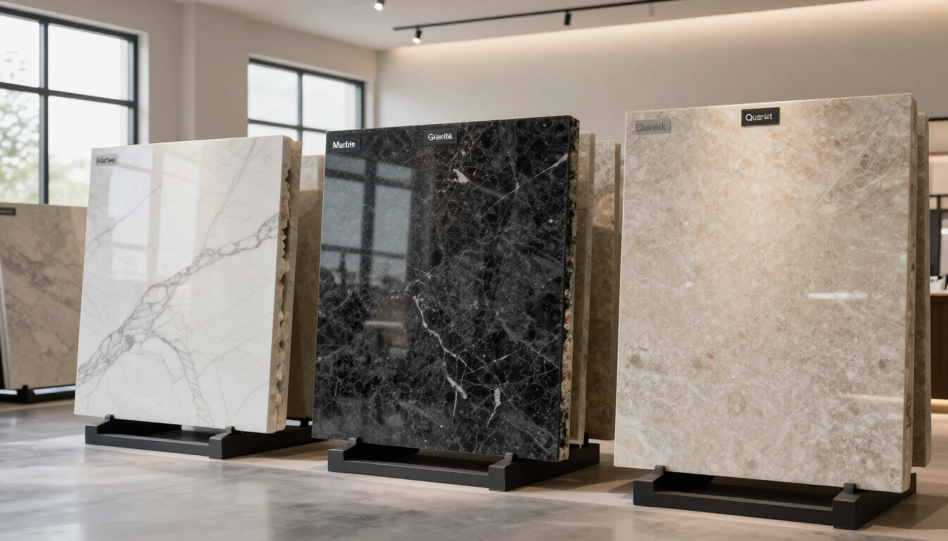 Tres grandes losas de piedra expuestas en una sala de muestras, con vetas de mármol blanco, negro y beige.