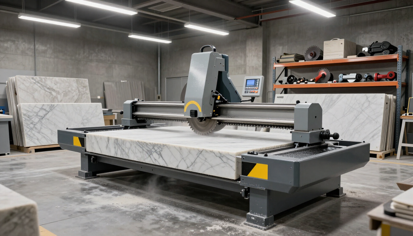 Gran máquina cortadora de piedra en un taller industrial, con estanterías y materiales cubiertos cerca