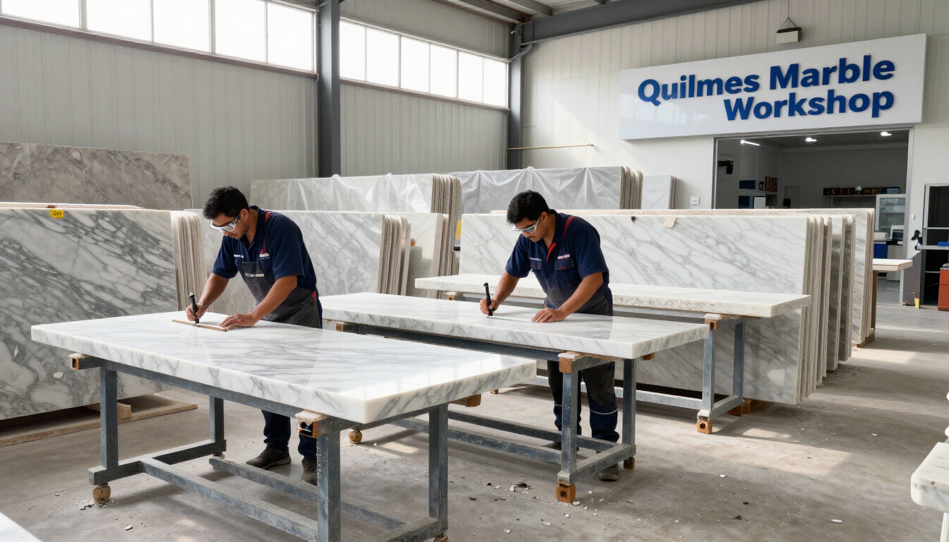 Trabajadores puliendo losas de mármol en un taller con un letrero que dice «Quilmes Marble Workshop».