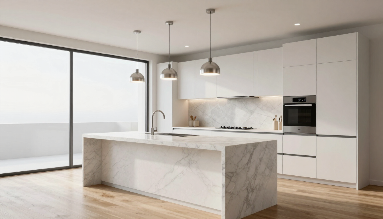 Cocina moderna blanca con isla de mármol, lámparas colgantes y suelo de madera