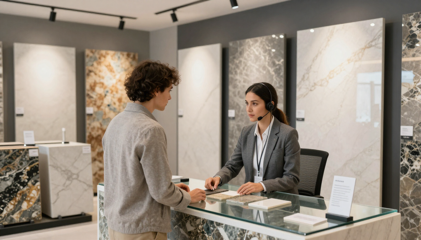 Un cliente consulta con un empleado de la tienda junto a una exposición de encimeras de mármol en una tienda de azulejos y piedra