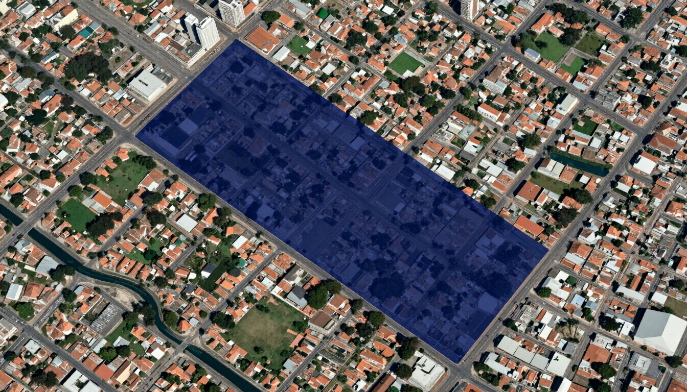 Vista aérea de una manzana con una gran zona rectangular resaltada en azul oscuro.